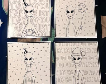Funky Alien Birthday and Christmas Cards - 2 designs of each available!