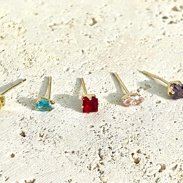 Set of 5 Diamond Stud Earrings for Multiple Piercing, Pack of Multicolor Cubic Stud Earrings, Dainty Minimalist Silver Tiny Cute Earrings