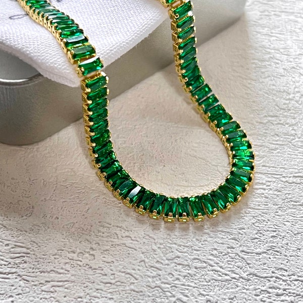 18K Gold Emerald Tennis Baguette Necklace, Stainless Steel Tennis Choker, Green Cubic Zircon Chain, Gemstone Layered Necklace, Gift for Her