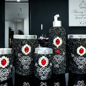 Accesorios de baño negros estilo Art Déco, dispensador de loción con strass, porta maquillaje con strass, porta cepillos de dientes, porta hisopos de algodón