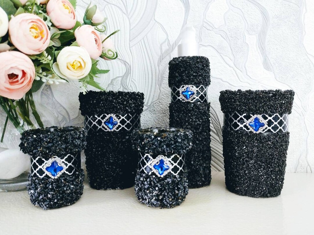 Black Stone Bathroom Set Accessories Art Deco Strass Lotion Etsy