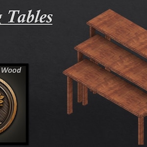 May include: Three nesting tables made of wood. The tables are brown and have a wood grain pattern. The tables are stacked on top of each other, with the largest table on the bottom and the smallest table on top. The tables are in a 3D isometric view. The Factory of Wood logo is in the lower left corner of the image.