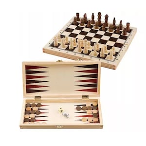May include: A wooden game set featuring a chessboard and a backgammon board. The chessboard has black and white squares, while the backgammon board has red and black triangles. The set includes chess pieces, backgammon checkers, and dice.