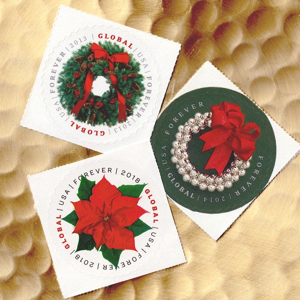 Stamp Sets: HOLIDAY GLOBAL FOREVER Series - Wreath & Poinsettia | Nondenominated International Rate Postage (2013-2018) #4814 4936 5311