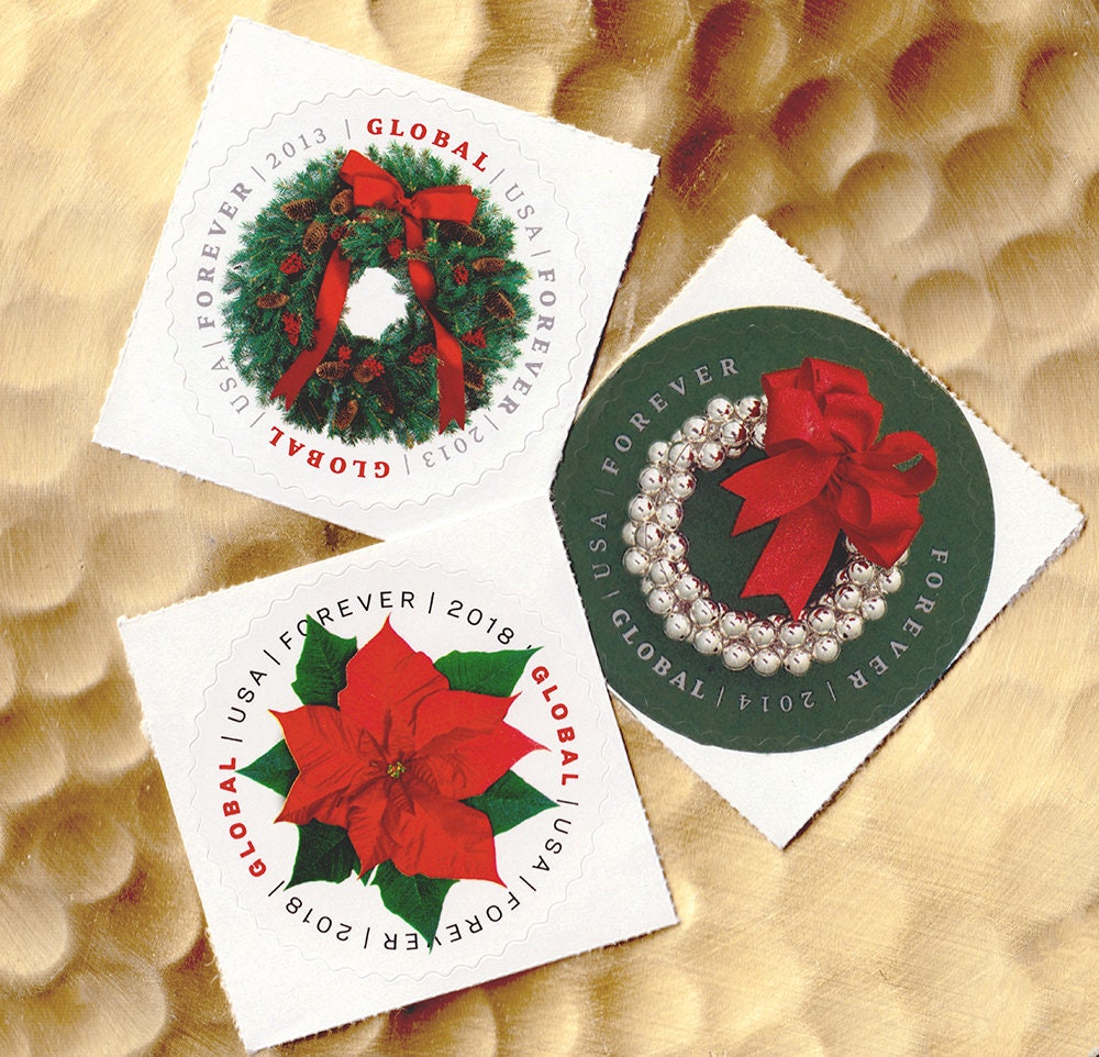 Set of 3 Stamps: HOLIDAY GLOBAL FOREVER Series Wreath & Poinsettia