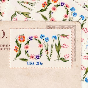 10 Vintage Unused Love Blooming Letters 20 Cent Stamps - USA Postage Set (New/Mint Condition)