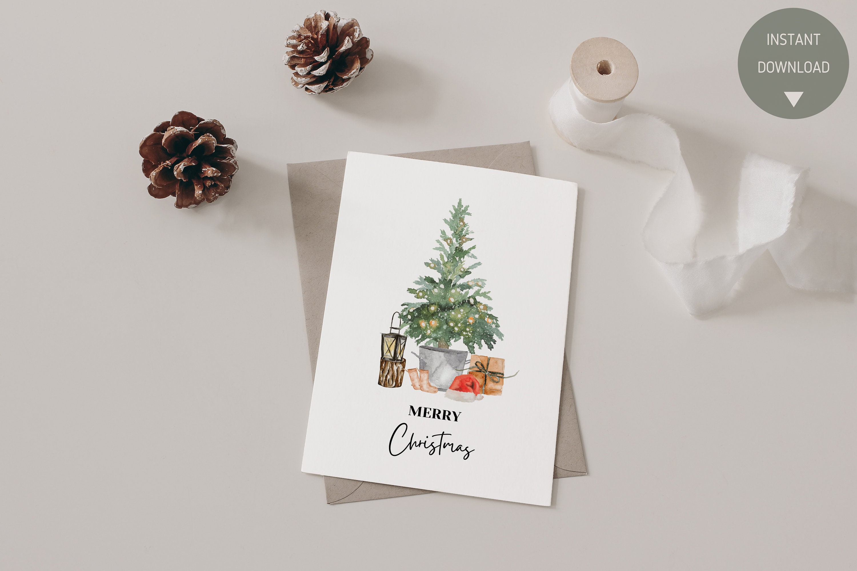 Watercolor Christmas Pine Tree Card Printable | Merry Christmas Modern ...