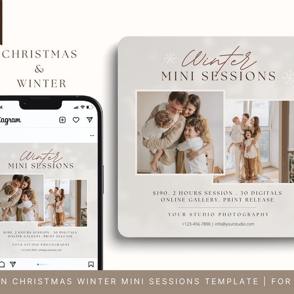 Modern Christmas Winter Mini Sessions Template Canva | Holiday Minis Instagram Marketing | Photography Autumn Fall | Promotion Board | Beige