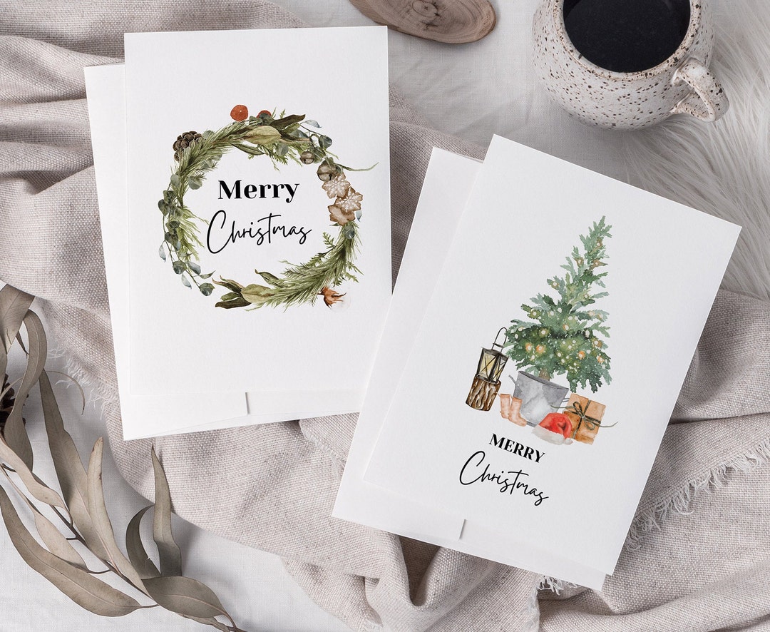 Watercolor Christmas Pine Tree Printable Winter Wreath Set of 2 Cards ...