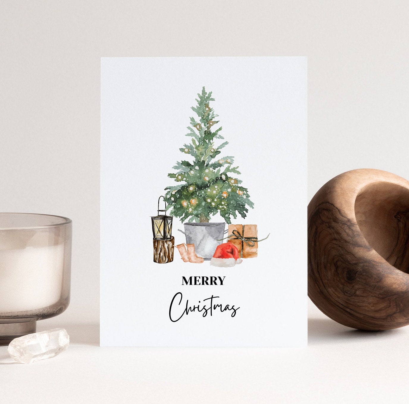 Watercolor Christmas Pine Tree Card Printable Merry - Etsy