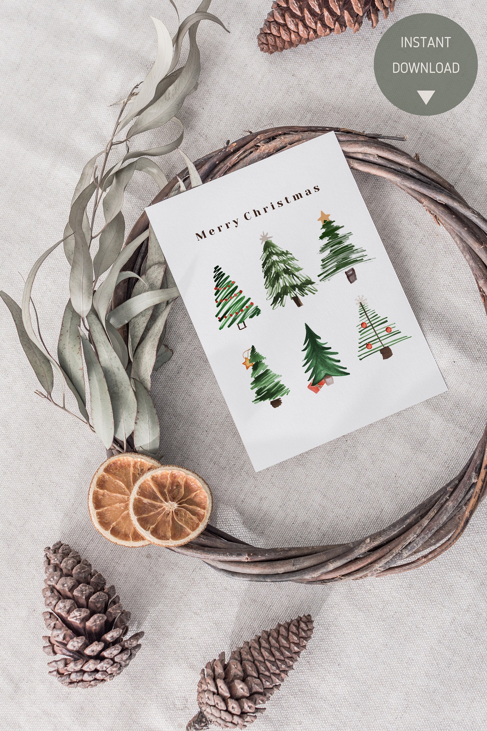 Watercolor Winter Pine Trees Merry Christmas Card Printable | Happy New ...