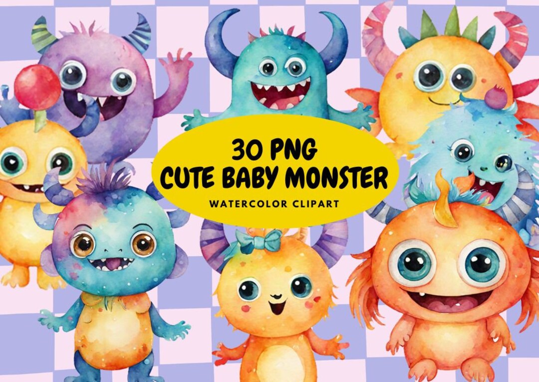 Cute Baby Monster Clipart PNG, Watercolor Clip Art Bundle, Paper Craft ...