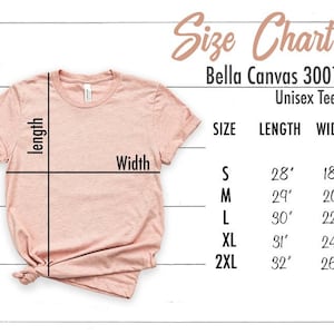 Puede incluir: Tabla de tallas para camisetas unisex Bella Canvas 3001. La tabla muestra la longitud y el ancho en pulgadas para las tallas S, M, L, XL y 2XL.