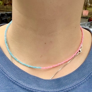 Pink and Blue Half & Half Beaded Choker Necklace