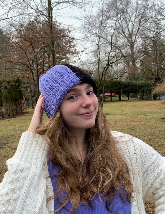 Purple and Black Half & Half Hand Crocheted Winter Beanie - Etsy display picture 3