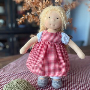 May include: A handmade doll with blonde hair wearing a red and white gingham dress, white blouse, and gray crocheted shoes. The doll is sitting on a red and white checkered tablecloth with a green crocheted hat beside it.
