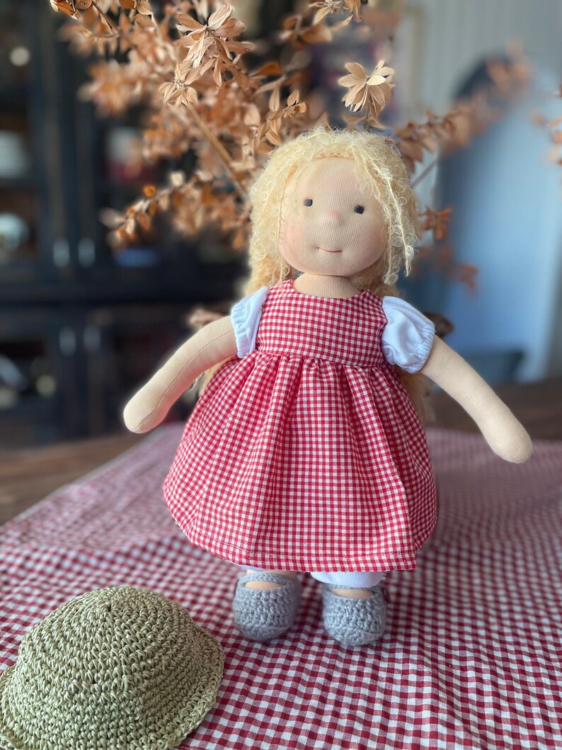 May include: A handmade doll with blonde hair wearing a red and white gingham dress, white blouse, and gray crocheted shoes. The doll is sitting on a red and white checkered tablecloth with a green crocheted hat beside it.