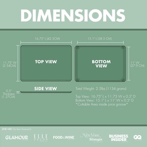 May include: Diagram of a rectangular cutting board with dimensions. The top view is 16.75" L x 11.75" W x 0.5" D, and the bottom view is 15.1" L x 11" W x 0.5" D. Total weight is 2.5 lbs (1134 grams). The side view shows a thickness of 0.5" (1.27 cm).