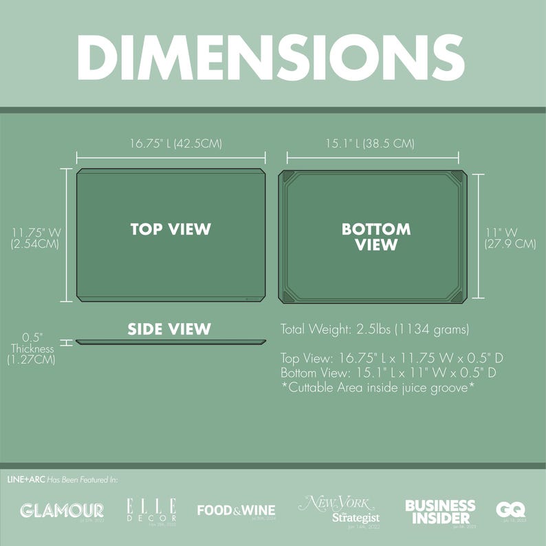 May include: Diagram of a rectangular cutting board with dimensions. The top view is 16.75" L x 11.75" W x 0.5" D, and the bottom view is 15.1" L x 11" W x 0.5" D. Total weight is 2.5 lbs (1134 grams). The side view shows a thickness of 0.5" (1.27 cm).