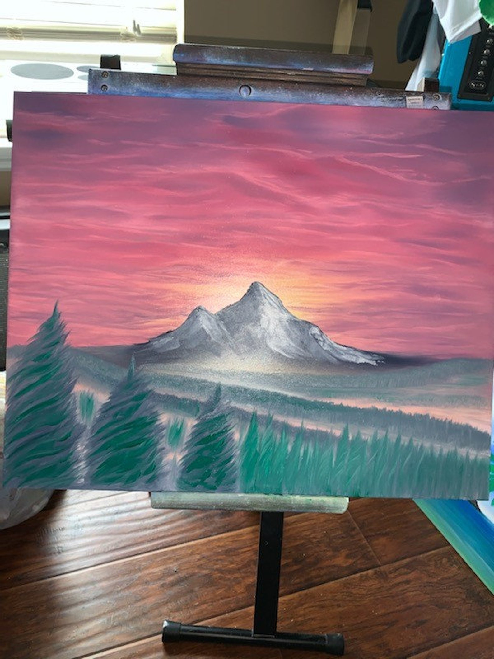 Mountain Sunset Bob Ross style oil painting on gesso board Etsy