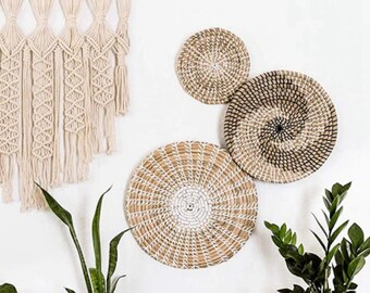 Set 3 Wall Seagrass Baskets,Wicker Wall Basket,Round Knitting Baskets,Boho Wall Decor,Hanging Basket,Seagrass Decorative Bowl,Rattan Basket