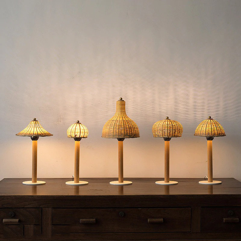 WalmHomie Handmade Boho Bamboo Small Table Lamp Wicker Woven Desk
