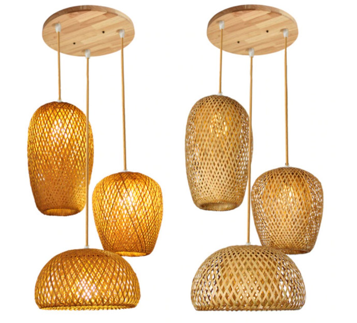 SET TRES LÁMPARABambú Lámpara Colgante Luz colgante Rattan Etsy España