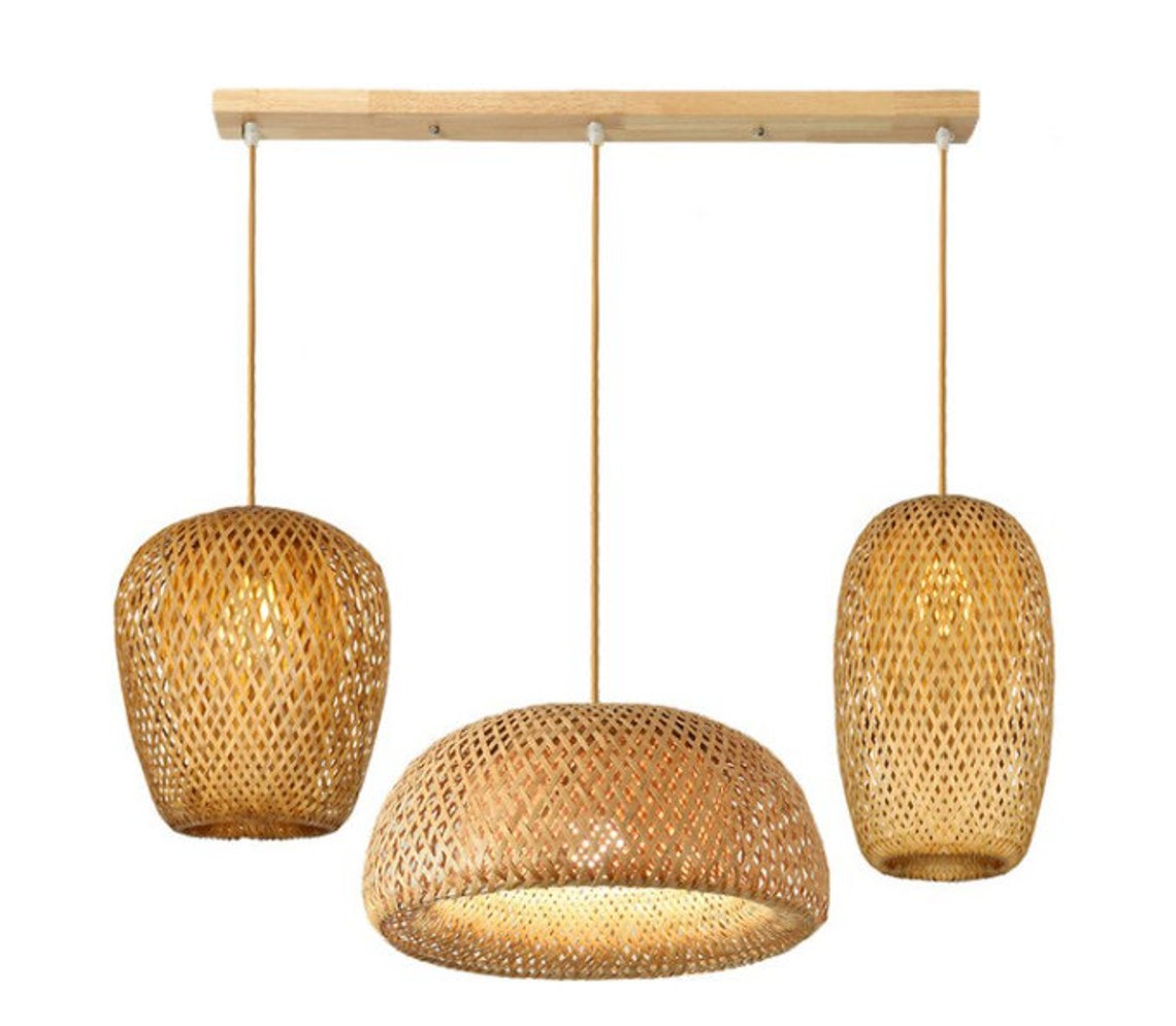 SET TRES LÁMPARABambú Lámpara Colgante Luz colgante Rattan Etsy