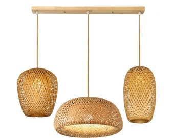 SET THREE LAMP-Bamboo Pendant Light,Rattan Pendant Light,Rattan LampShade,Rattan Light Fixture,Rattan Lamp,Bamboo Light,Wicker Pendant Light