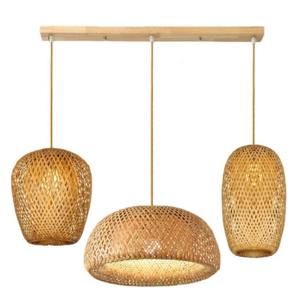 SET THREE LAMP-Bamboo Pendant Light,Rattan Pendant Light,Rattan LampShade,Rattan Light Fixture,Rattan Lamp,Bamboo Light,Wicker Pendant Light