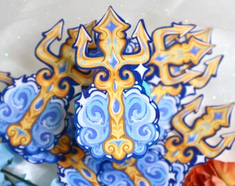 May include: A collection of die-cut stickers featuring a golden trident design with ornate scrollwork and blue swirling water patterns at the base. Each sticker has a glossy finish with small white star accents and a dark blue border.