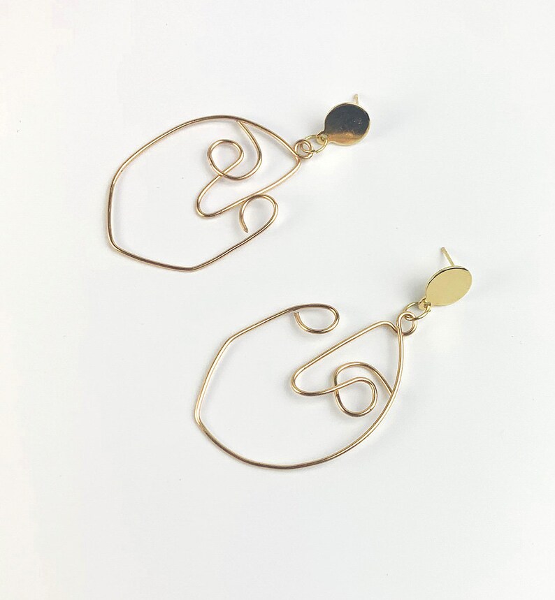 JACE Earrings Abstract Face Wire Earrings Handmade, statement earring, brass wire, dangle & drop, minimalist modern metal earring, image 3