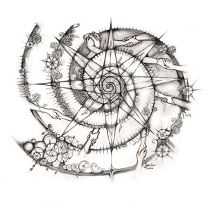 May include: A black and white drawing of a spiral with hands reaching out from the center. The spiral is surrounded by intricate designs and patterns.