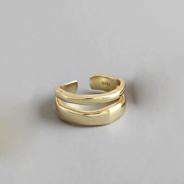 De Dubbele Ring - Minimalistische Abstract Gouden Ring - Verstelbare Ring - 925 Sterling Zilver