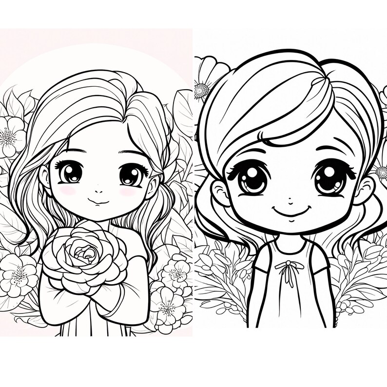 14 Chibi Coloring Sheets Printable Chibi Girl Flower Instant Download ...