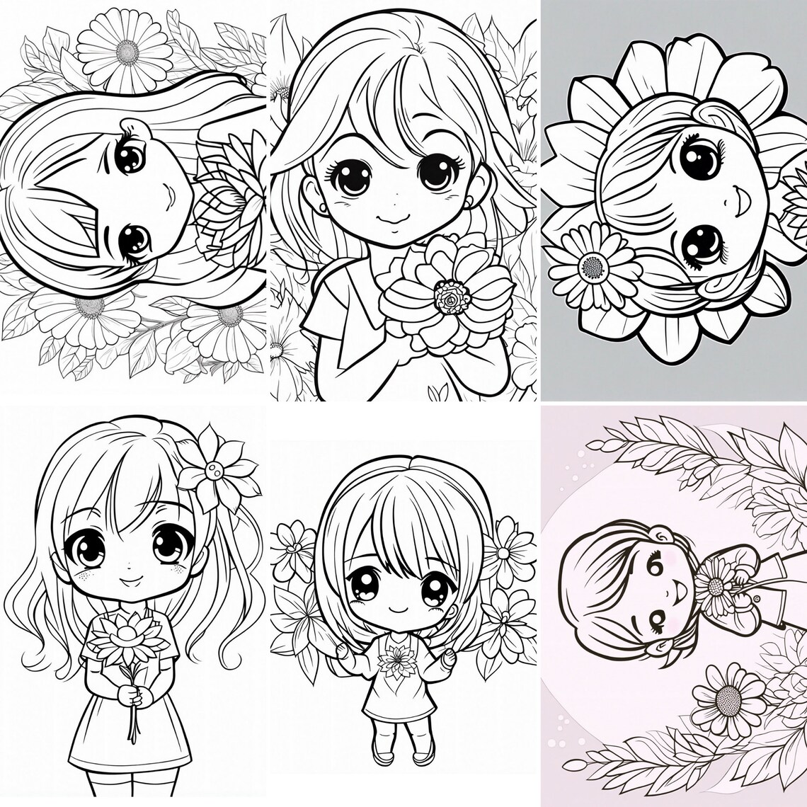 14 Chibi Coloring Sheets Printable Chibi Girl Flower Instant Download ...