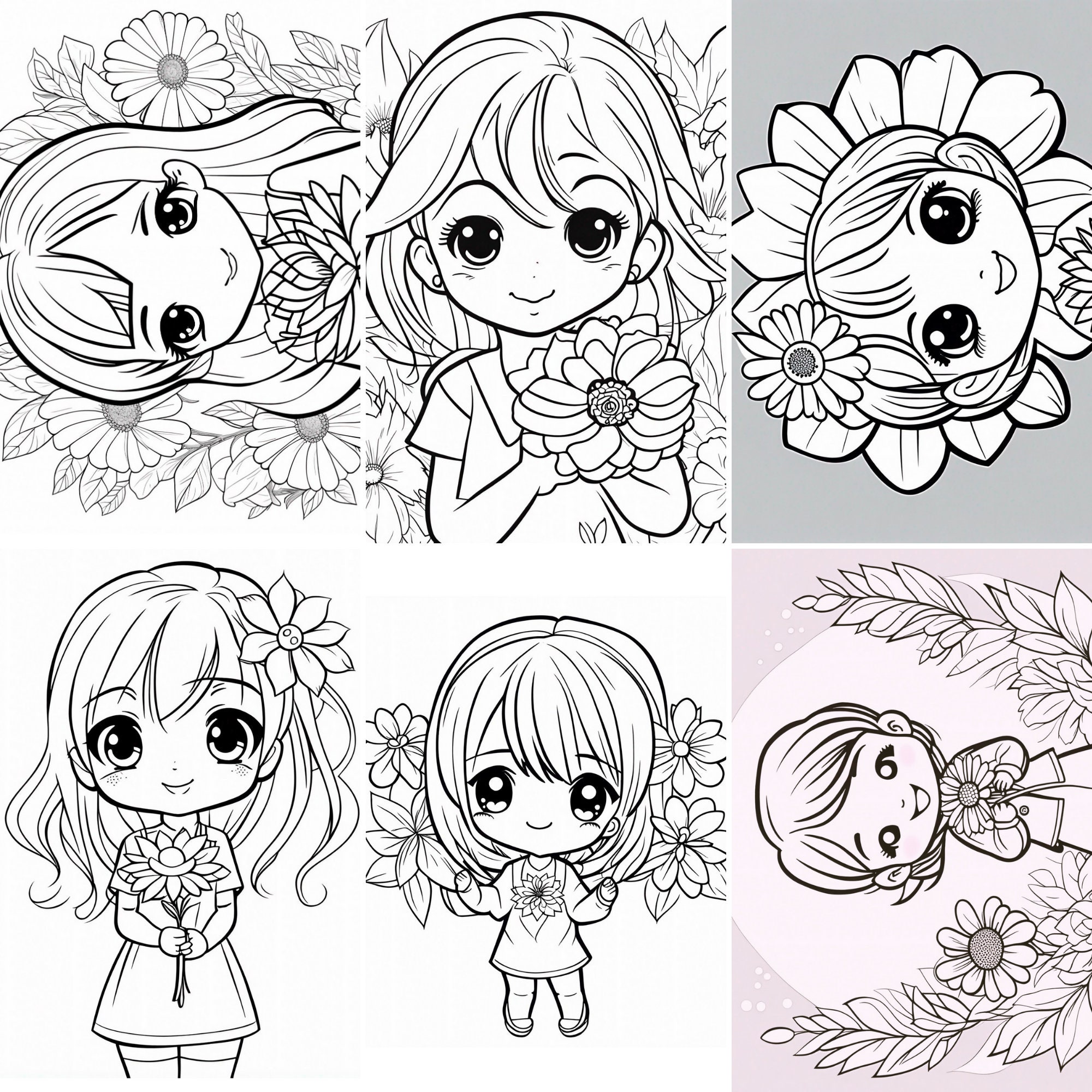 14 Chibi Coloring Sheets Printable Chibi Girl Flower Instant Download ...
