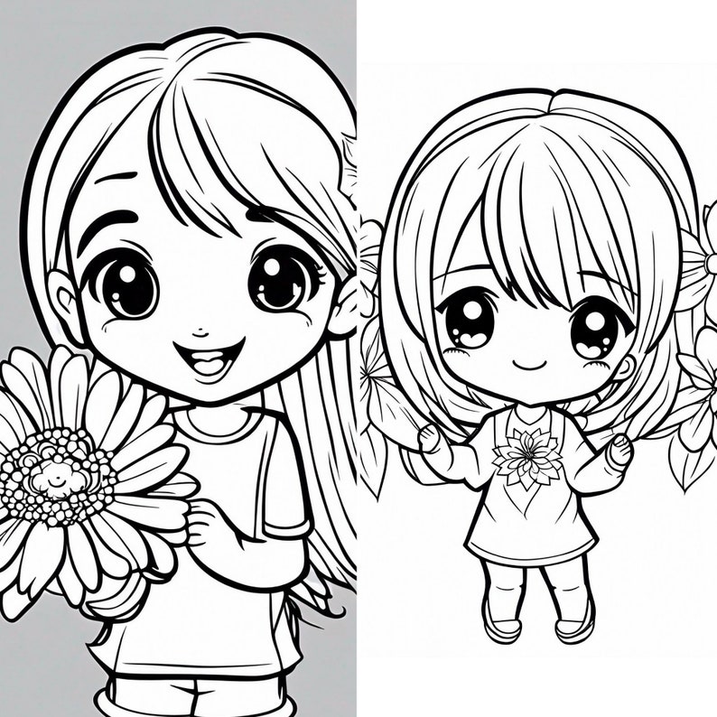 14 Chibi Coloring Sheets Printable Chibi Girl Flower Instant Download ...