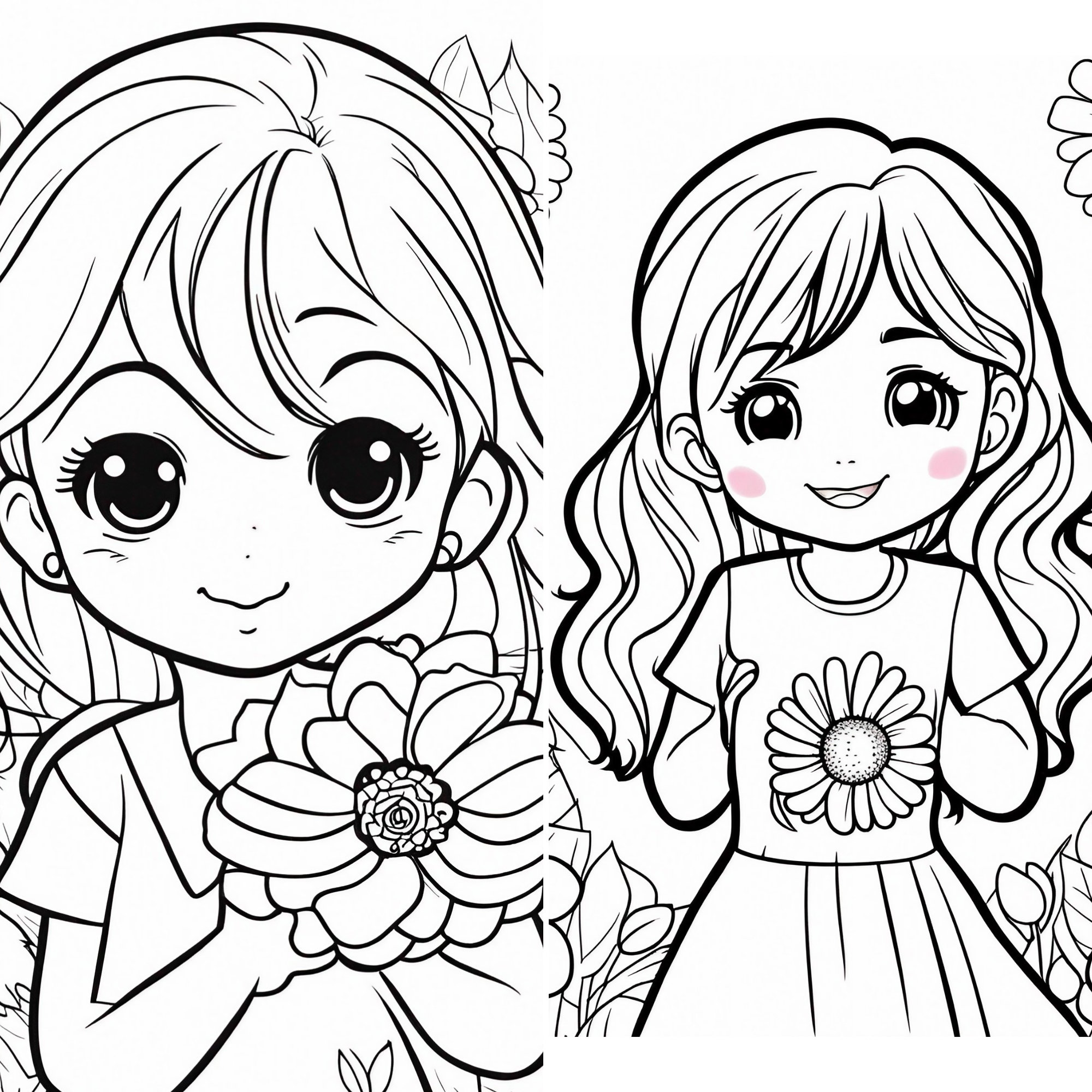 14 Chibi Coloring Sheets Printable Chibi Girl Flower Instant Download ...