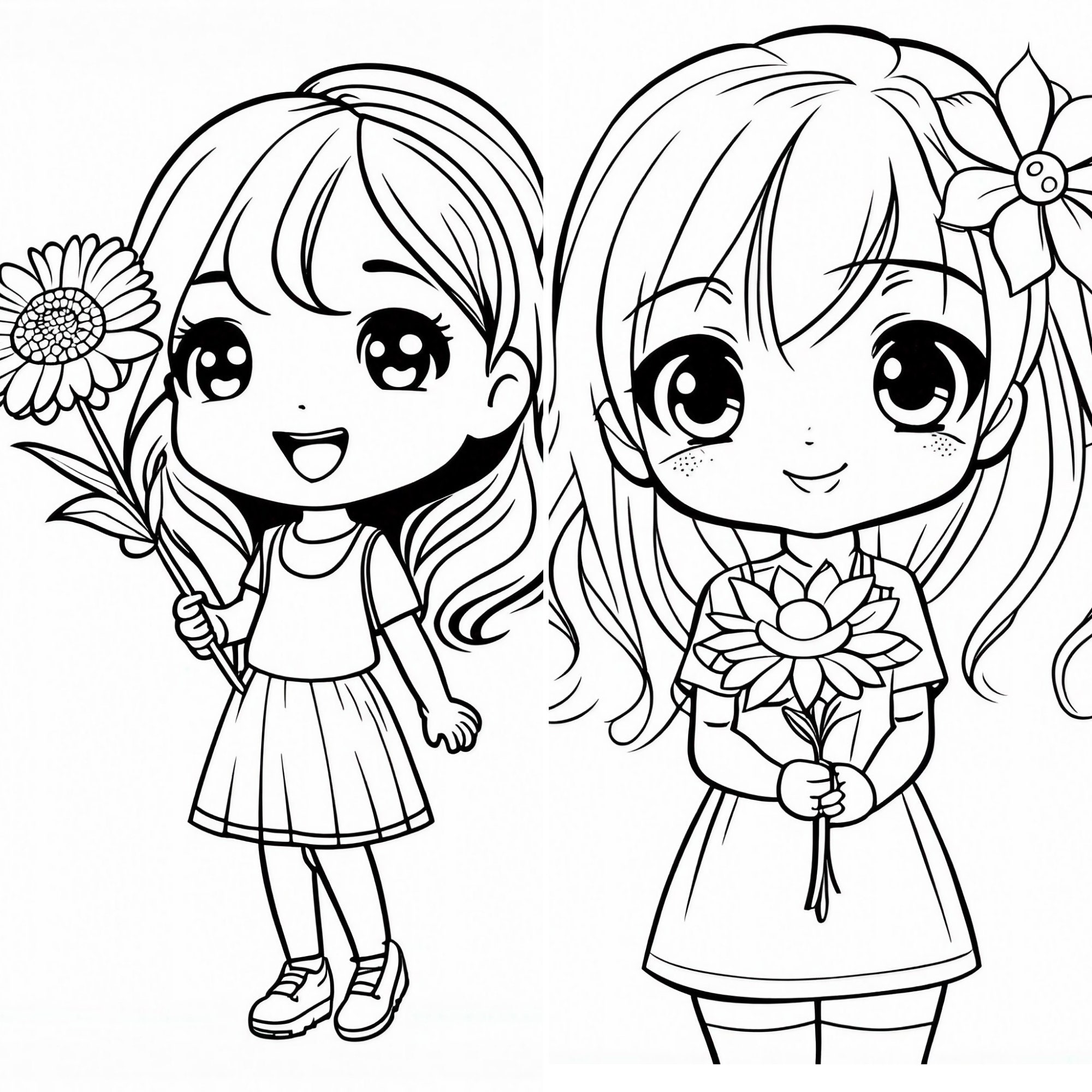 14 Chibi Coloring Sheets Printable Chibi Girl Flower Instant Download ...