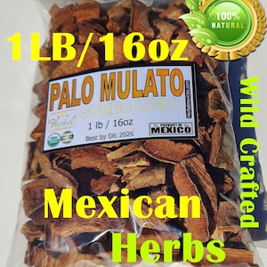 May include: A clear plastic bag filled with 1 lb (16 oz) of dried Palo Mulato bark, also known as Gumbo Limbo. The label reads "Palo Mulato Gumbo Limbo 1 lb / 16oz Best by Dic 2026 Product of Mexico" and "100% Natural Wild Crafted Mexican Herbs".