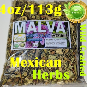 May include: A 4 ounce bag of Malva Common Mallow herb, labeled as 100% natural and wild crafted. The bag is labeled with the text "Product of Mexico" and "Herbal Mexican.com".