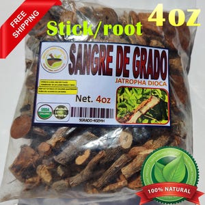 May include: A clear plastic bag filled with dried brown sticks and roots labeled "Sangre de Grado" with the text "Jatropha Dioca" and "Net. 4oz". The bag also has a USDA Organic label and a 100% Natural label.