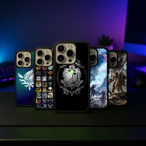 May include: A collection of five phone cases with various designs. The cases feature black borders and showcase different graphics, including a crest, illustrations, and a collage of icons. The backgrounds vary in color, with some cases displaying vibrant artwork.