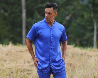 Silk shirt/ Blue silk/ Shirt for men