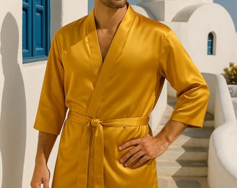 Gold kimono/ Man robe/ silk robe