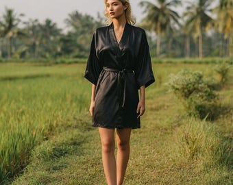 Short Black Silk Dressing Gown, Women Satin Nightwear, Mother Day Gift,  Black Wrap Dress, Ladies Ruffle Robe - Etsy