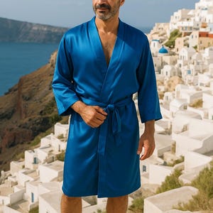 Men&#39;s Silk Kimono Robe: Mediterranean Blue, Lightweight Loungewear