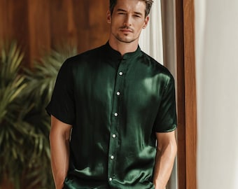 Emerald Silk Shirt for Men: Natural Shell Buttons, Custom Tailored