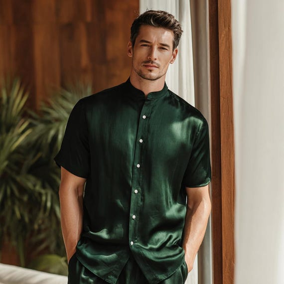 Emerald Silk Shirt for Men: Natural Shell Buttons, Custom Tailored Emerald Silk Shirt for Men: Natural Shell Buttons, Custom Tailored